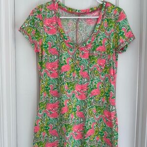Lilly Pulitzer T-Shirt Dress Pink Flamingo Print Gold Buttons Size Medium